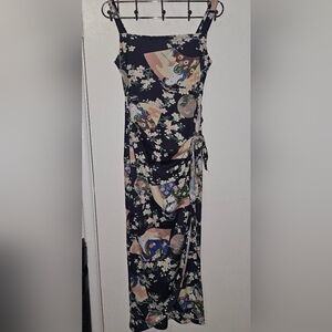 Vintage 90s Geisha Cherry Blossom Midi Slip Dress Wrap Tie Diamonds USA M